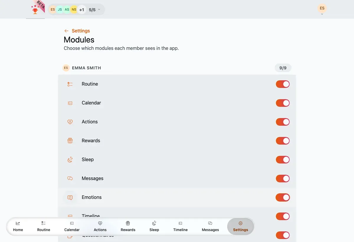 The Modules page with a per-member switch list.