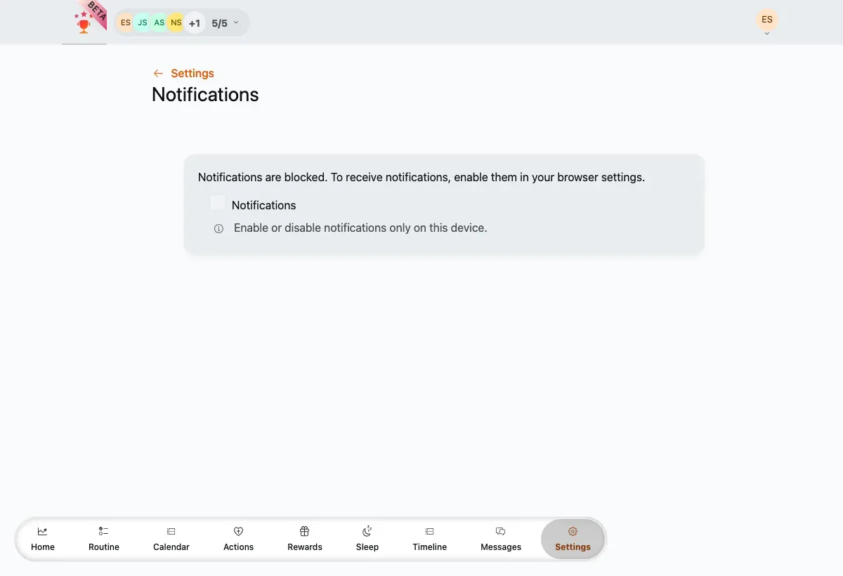 The Notifications page with the master toggle.