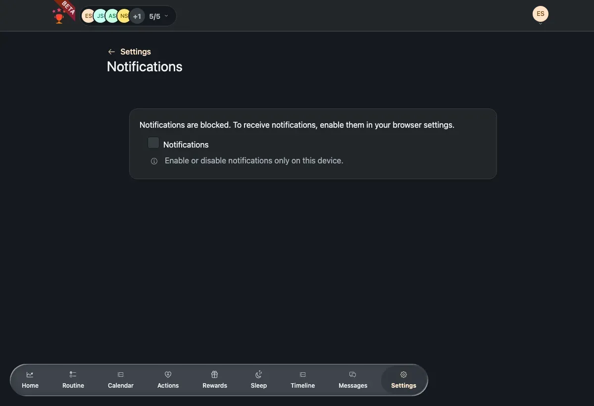 The Notifications page with the master toggle.