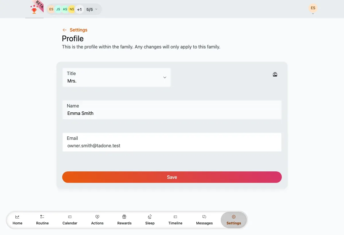 The in-family Profile editor with title, name and read-only email.