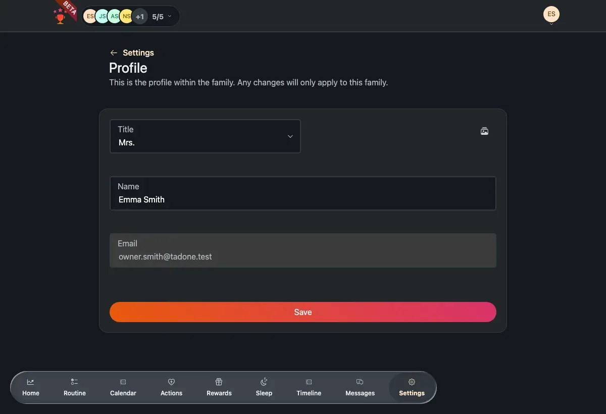 The in-family Profile editor with title, name and read-only email.