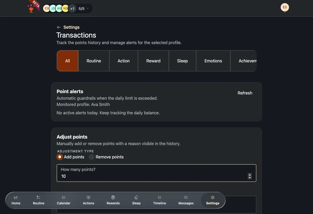 Points & history with alerts, the adjustment form and the transaction filter.
