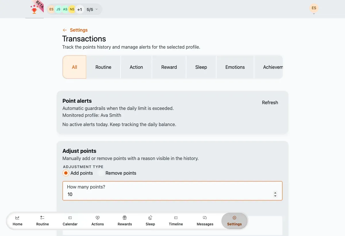 Points & history with alerts, the adjustment form and the transaction filter.