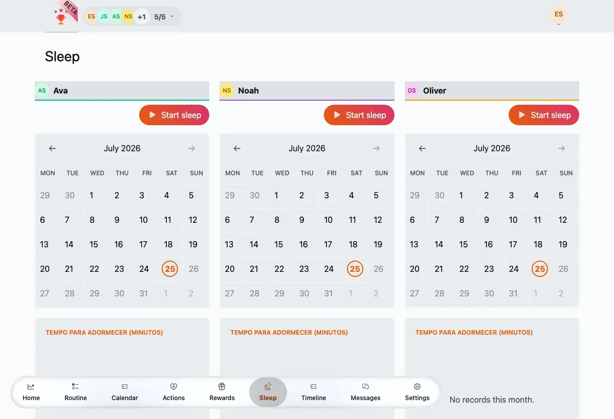 Sleep board with a column per child, a Start button and a month calendar