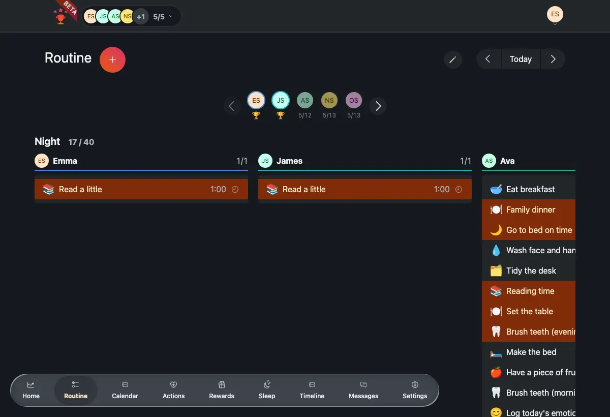 The routine board on desktop, with a member column per child and tasks grouped by day period.
