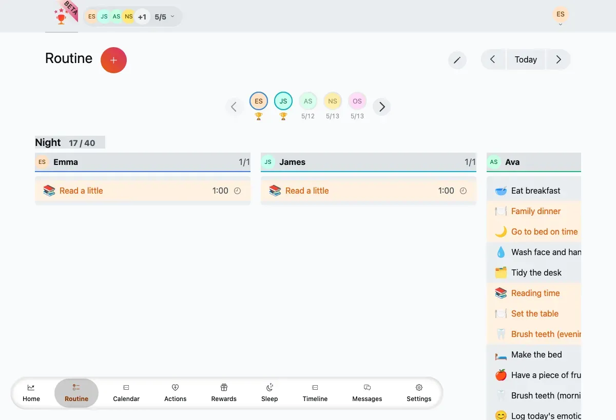 The routine board on desktop, with a member column per child and tasks grouped by day period.