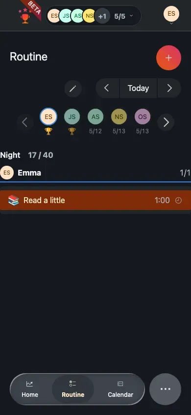 The routine board on mobile, showing the member pager with avatars and progress rings.